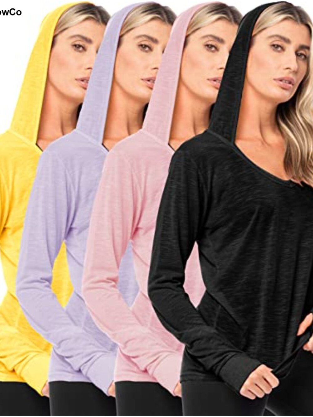 Slub Burnout Long Sleeve V Neck Hoodie Thumb Hole Active Top 4 Pack